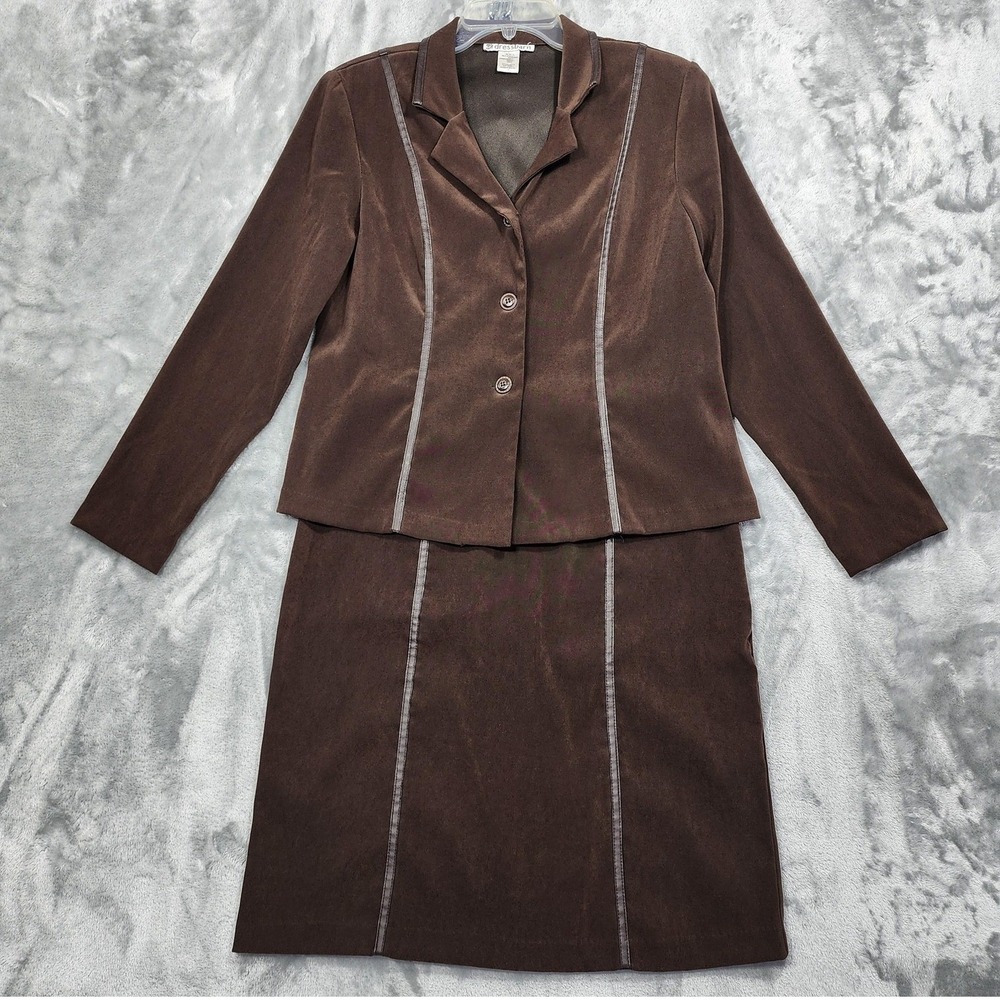 Dressbarn Skirt Suit Womens 10 Brown Sueded 2 Button Notch Collar Pencil Office‎